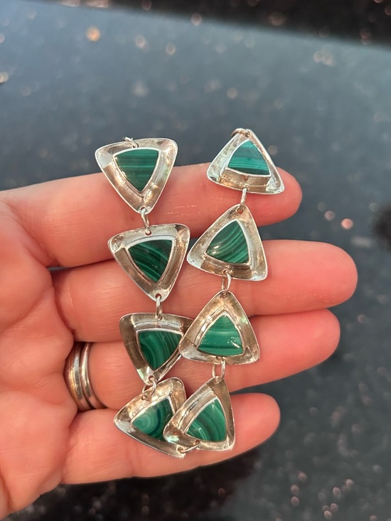 Jewelry - Silver 825 with Malachite Triangular Link bracelet- Geometric Design